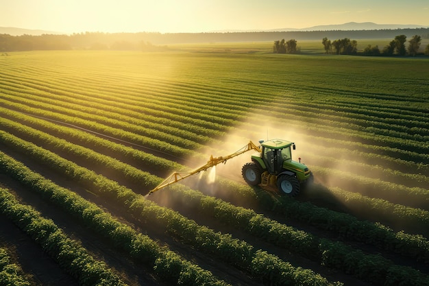 Vue aérienne d'un tracteur pulvérisant des pesticides sur une plantation de soja vert au coucher du soleil, capturée par un drone
