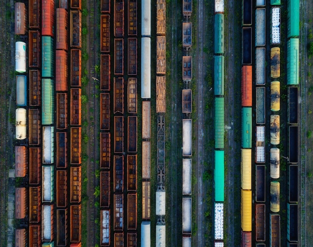 Vue aérienne de trains de marchandises colorés