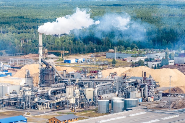 Vue aérienne sur les tuyaux de la scierie de l'usine de menuiserie Concept de pollution de l'air Paysage industriel Déchets de pollution de l'environnement