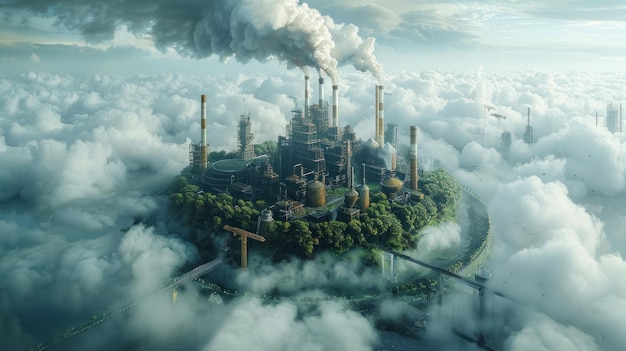 Vue aérienne d'une usine émettant de la fumée entourée d'un champ de force empêchant la propagation de la pollution
