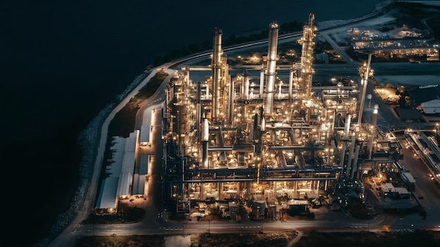 Vue aérienne de l'usine de raffinage de pétrole de nuit