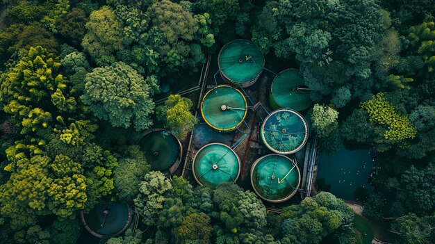 Photo vue aérienne d'une usine de traitement d'eau entourée d'une forêt luxuriante