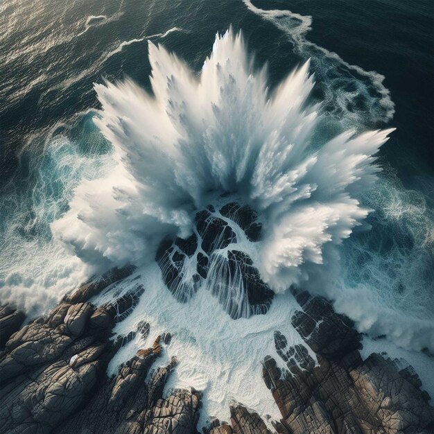 Vue aérienne des vagues de l'océan qui s'écrasent sur les falaises au coucher du soleil