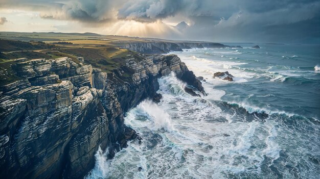 Vue aérienne des vagues de l'océan s'écrasant contre une falaise côtière