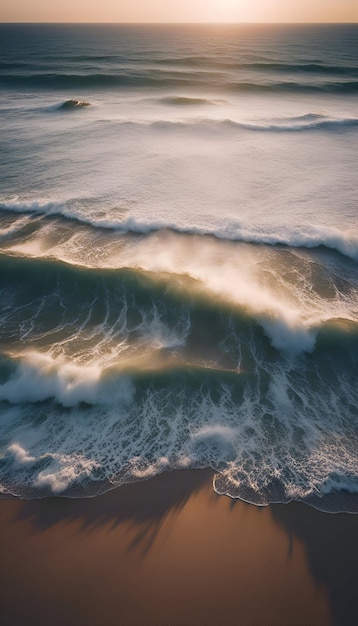 Vue aérienne des vagues de l'océan s'écrasant sur la plage au coucher du soleil en Australie du Sud