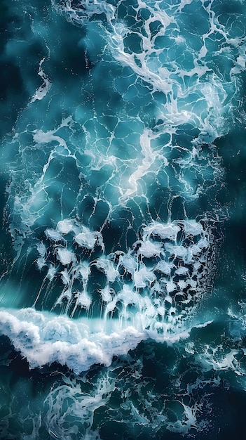 Vue aérienne des vagues qui s'écrasent sur l'eau sous un ciel nuageux