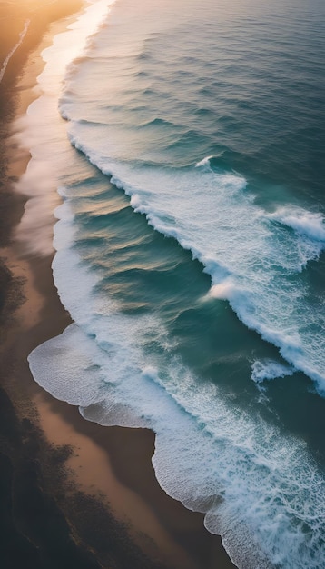 Vue aérienne des vagues qui s'écrasent sur une plage de sable lors du coucher du soleil