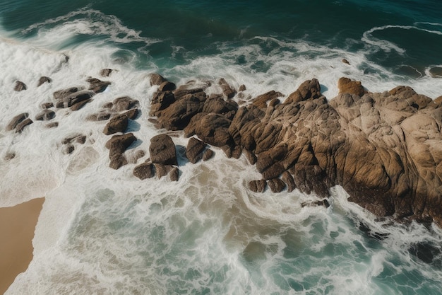 Vue aérienne des vagues qui s'écrasent sur les rochers de l'océan