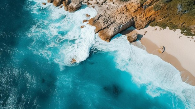 Vue aérienne des vagues turquoises qui s'écrasent sur la plage de sable