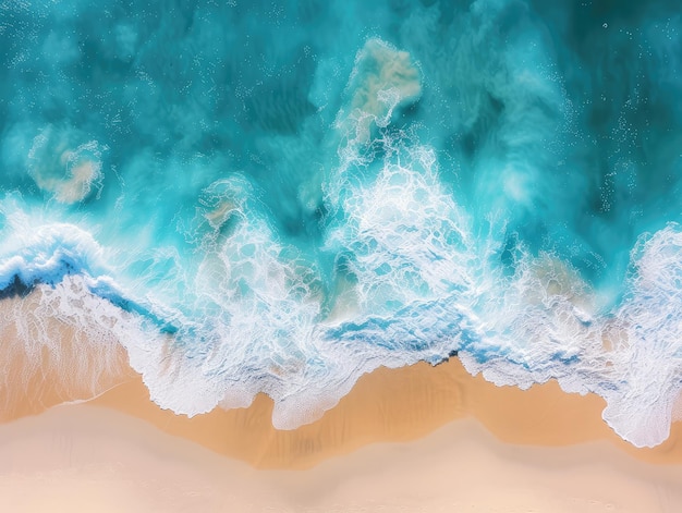 Vue aérienne des vagues turquoises qui s'écrasent sur la plage