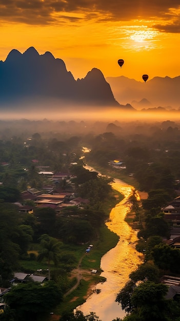 Vue aérienne de Vang Vieng avec des montagnes et un ballon