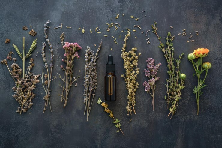 Photo vue aérienne d'une variété d'herbes séchées et d'une bouteille de goutte-à-goutte en verre foncé sur un fond gris texturé