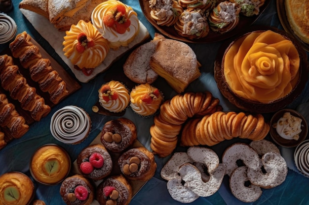 Photo vue aérienne d'une variété de pâtisseries sur un comptoir créé avec une ia générative