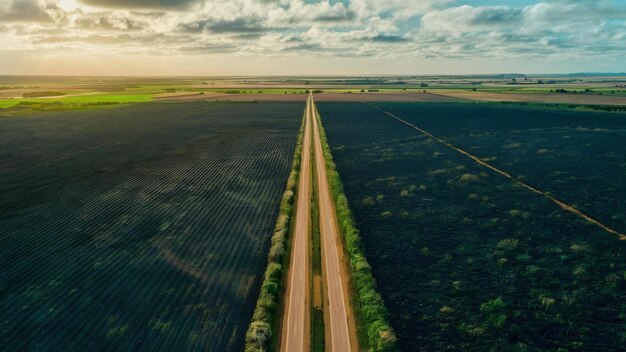 Vue aérienne de vastes terres agricoles avec une route de campagne au milieu