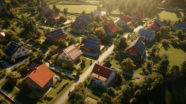 Une vue aérienne d'un village ou d'une communauté de petites maisons avec des résidents partageant les mêmes idées