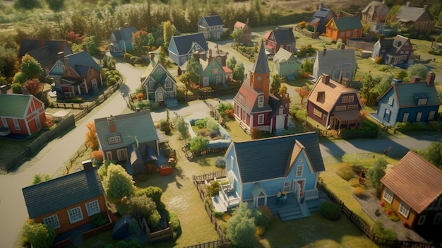 Une vue aérienne d'un village ou d'une communauté de petites maisons avec des résidents partageant les mêmes idées