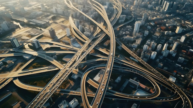 Vue aérienne d'une ville animée avec des routes qui se croisent et une autoroute très fréquentée en arrière-plan