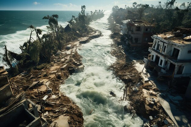 Vue aérienne d'une ville côtière en ruines après un puissant ouragan généré avec l'IA