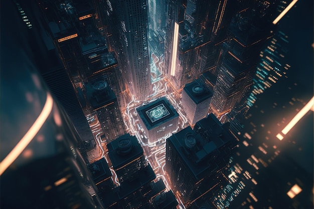 Vue aérienne sur une ville futuriste moderne avec des lumières nocturnes de la ville foule ville vie générative Ai