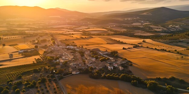 Vue aérienne de la ville idyllique parmi les champs dorés au coucher du soleil paysage paisible de la campagne sérénité et beauté dans la nature parfait pour les arrière-plans AI