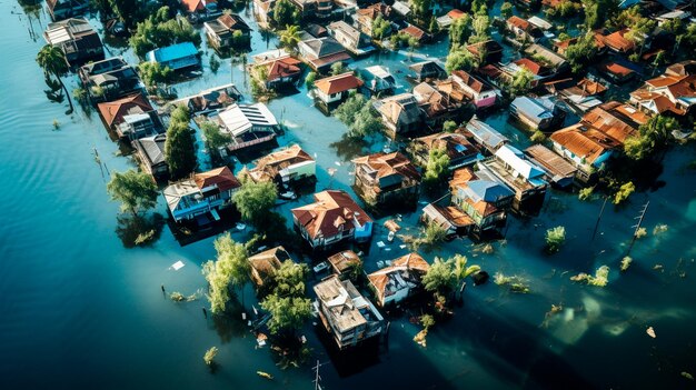 Vue aérienne d'une ville inondée