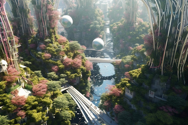 Vue aérienne d'une ville-jardin surréaliste avec un gratte-ciel 00019 00