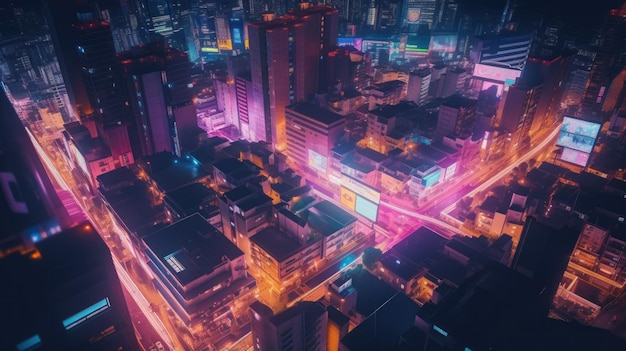 Une vue aérienne d'une ville la nuit image ai générative
