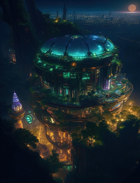 Vue aérienne d'une ville solarpunk la nuit