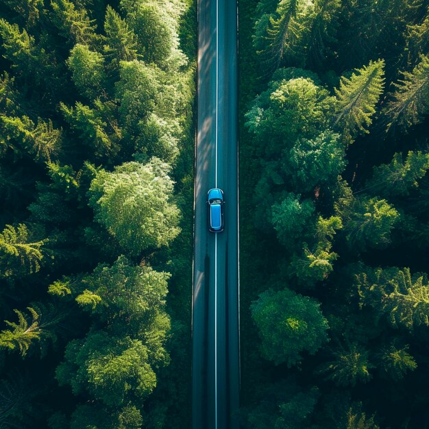 Photo vue aérienne d'une voiture bleue descendant une route d'asphalte traversant une vaste forêt un jour d'été.