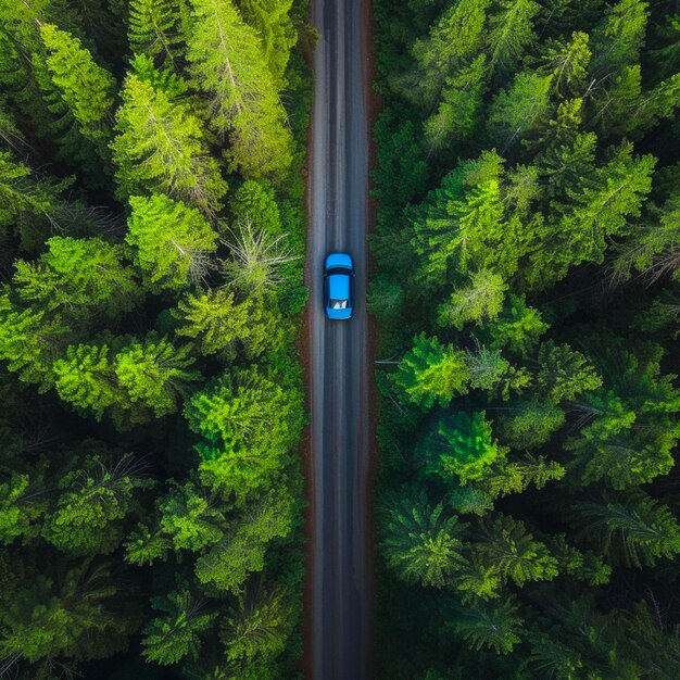 Photo vue aérienne d'une voiture bleue descendant une route d'asphalte traversant une vaste forêt un jour d'été.