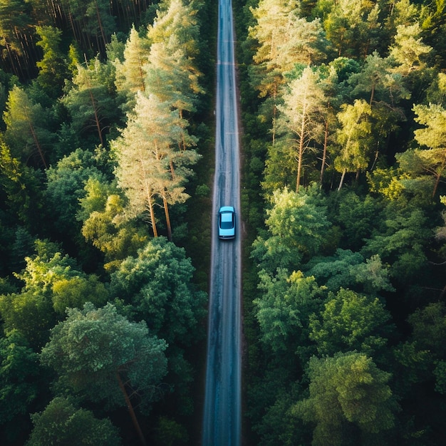 Photo vue aérienne d'une voiture bleue descendant une route d'asphalte traversant une vaste forêt un jour d'été.