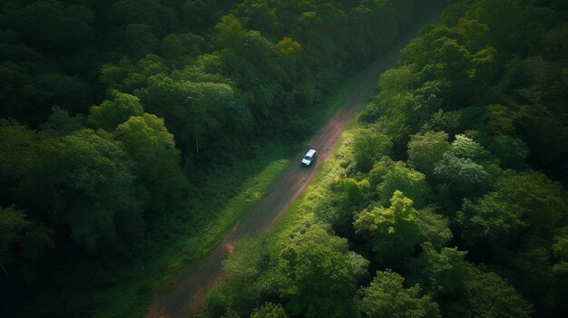 Vue aérienne d'une voiture roulant sur une route forestière