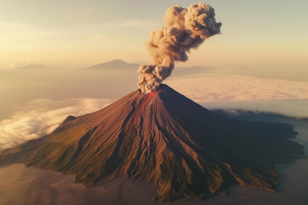 Vue aérienne d'un volcan fumant