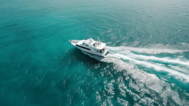 Vue aérienne d'un yacht glissant sur la surface de l'eau Vue aérienne d'un plan d'eau turquoise