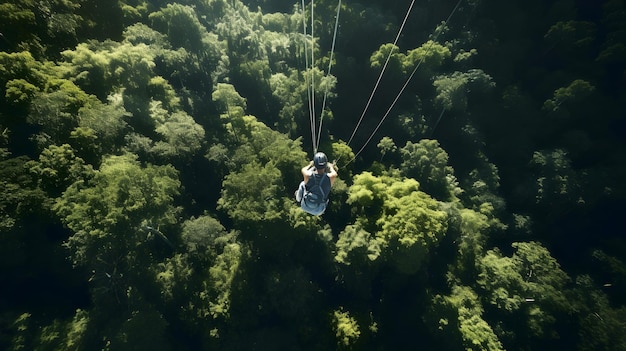 Photo vue aérienne d'un zipliner s'élevant à travers une canopée luxuriante