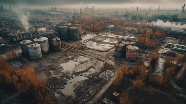 Vue aérienne d'une zone industrielle avec beaucoup de réservoirs métalliques vides et beaucoup d'arbres et le ciel avec des nuages