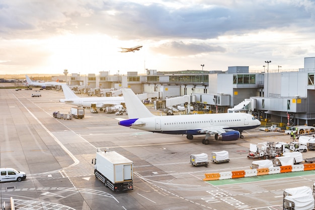 Vue de l&#39;aéroport occupé avec des avions et des véhicules de service au coucher du soleil