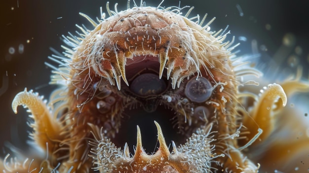 Une vue agrandie de la bouche d'un ours d'eau révèle des dents tranchantes utilisées pour percer sa nourriture