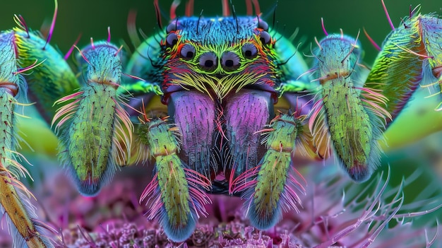 Vue agrandie d'une dent d'araignée recouverte de teintes vives de vert et de violet mettant en évidence la présence