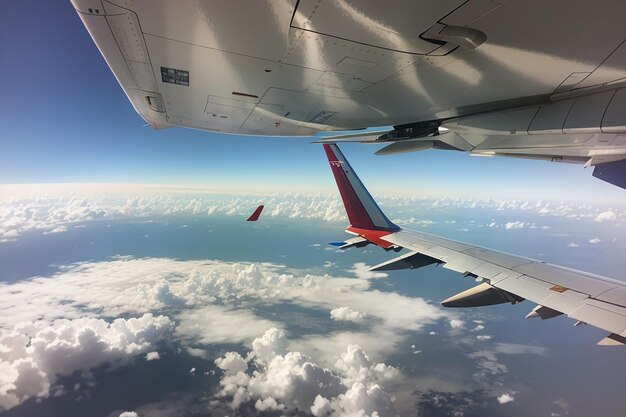 Vue de l'aile d'un avion à travers une fenêtre