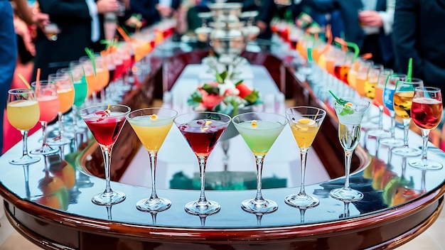 Vue de l'alcool mis en place sur la table de banquet de catering ligne de cocktails d'alcool de différentes couleurs sur la fête martini vodka spritz et d'autres sur l'événement décoré de la table de la catering