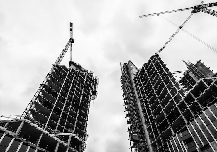 Photo vue d'angle bas de la grue par bâtiment contre le ciel