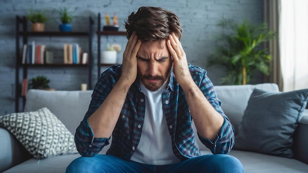 Vue à angle bas d'un homme désespéré tenant sa tête en douleur alors qu'il est assis dans le salon