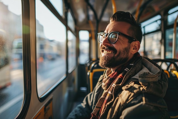 Photo vue à angle bas d'un homme heureux dans un bus copier l'espace