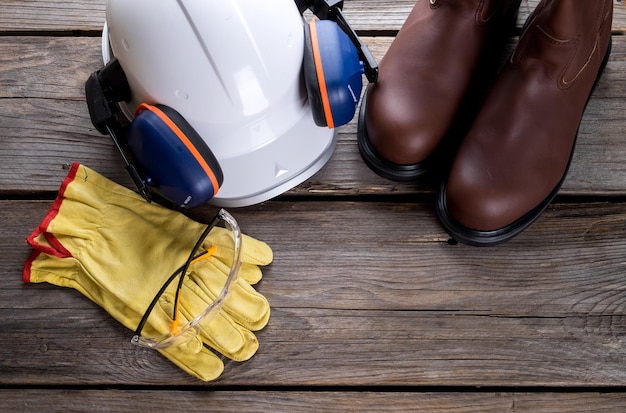 Photo vue d'angle élevé des chaussures et du casque sur une table en bois