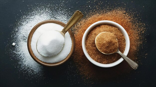 Vue à angle élevé du sucre blanc et brun dans des bols avec des cuillères