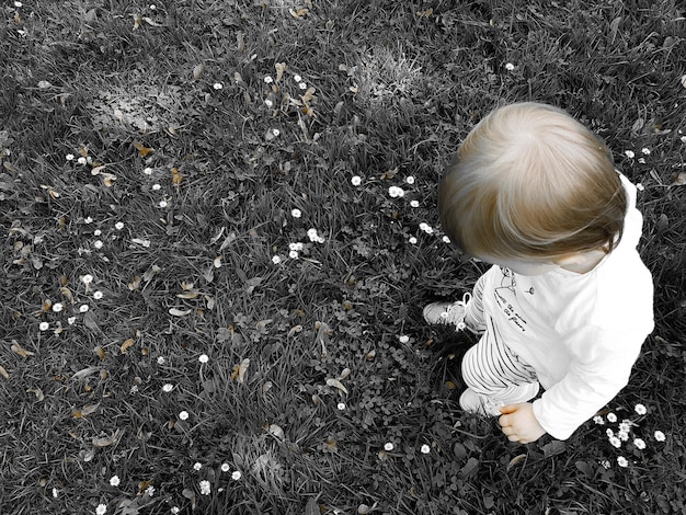 Photo vue d'angle élevé d'un enfant qui marche au milieu des fleurs qui fleurissent sur le champ