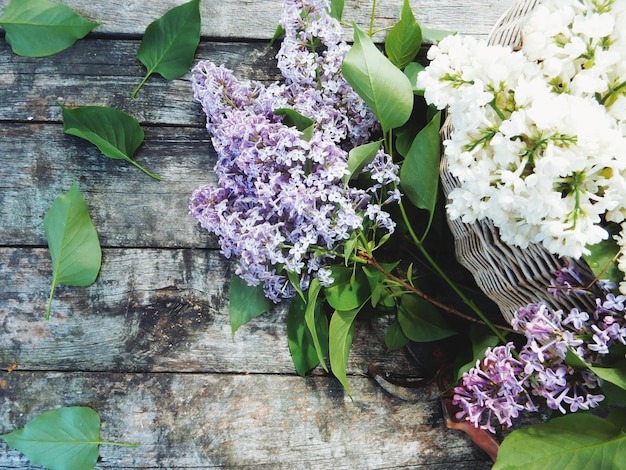 Vue d'angle élevé des fleurs dans un panier en osier sur une table en bois
