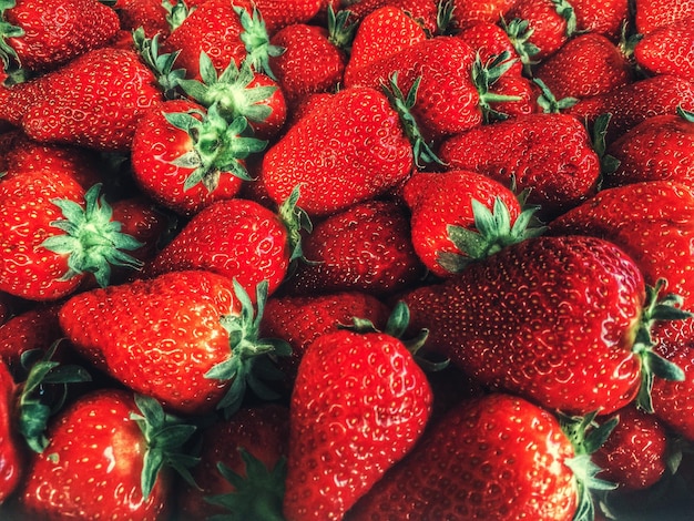Vue d'angle élevé des fraises au stand du marché