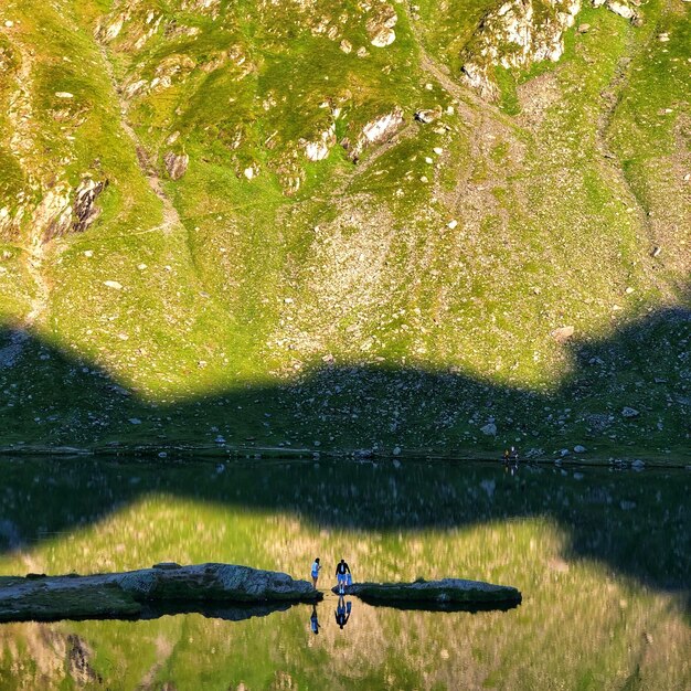 Photo vue d'angle élevé de l'homme par l'arbre par le lac